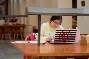 Girl at a table working on a laptop